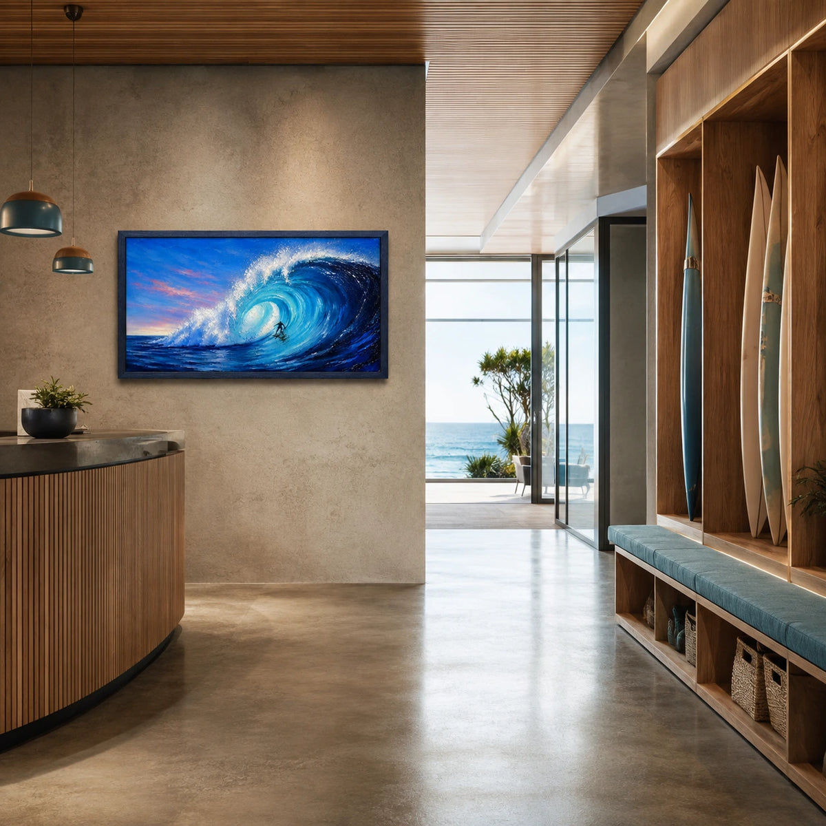 blue momentum displayed in a club lounge