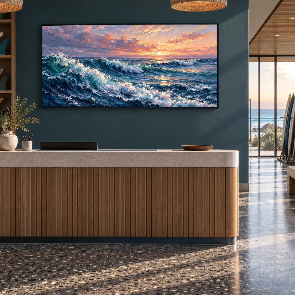 sunset breakers displayed in a surf club reception