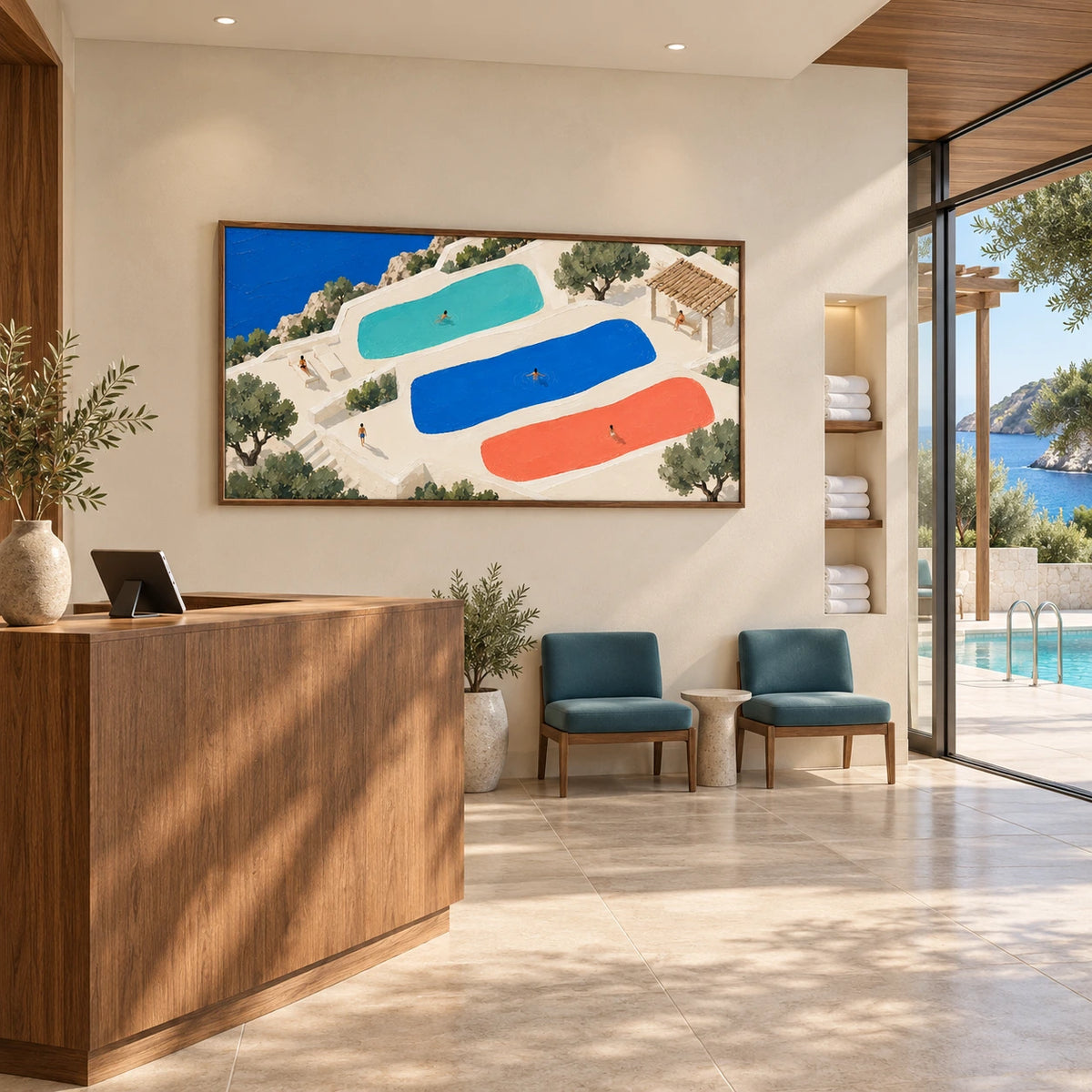 three pools above the sea displayed in a pool club reception