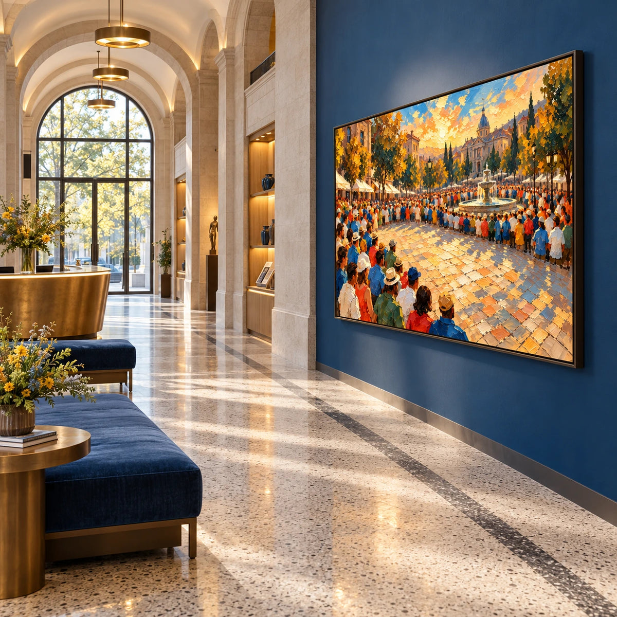 sunlit piazza gathering displayed in a city cultural center foyer