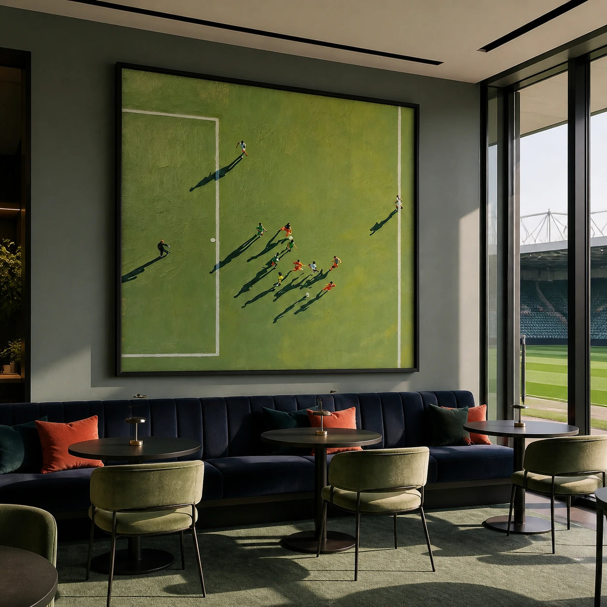 long shadows, open play displayed in a football club lounge
