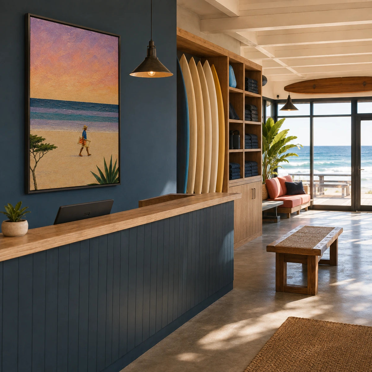 beach chair walk displayed in a surf club reception