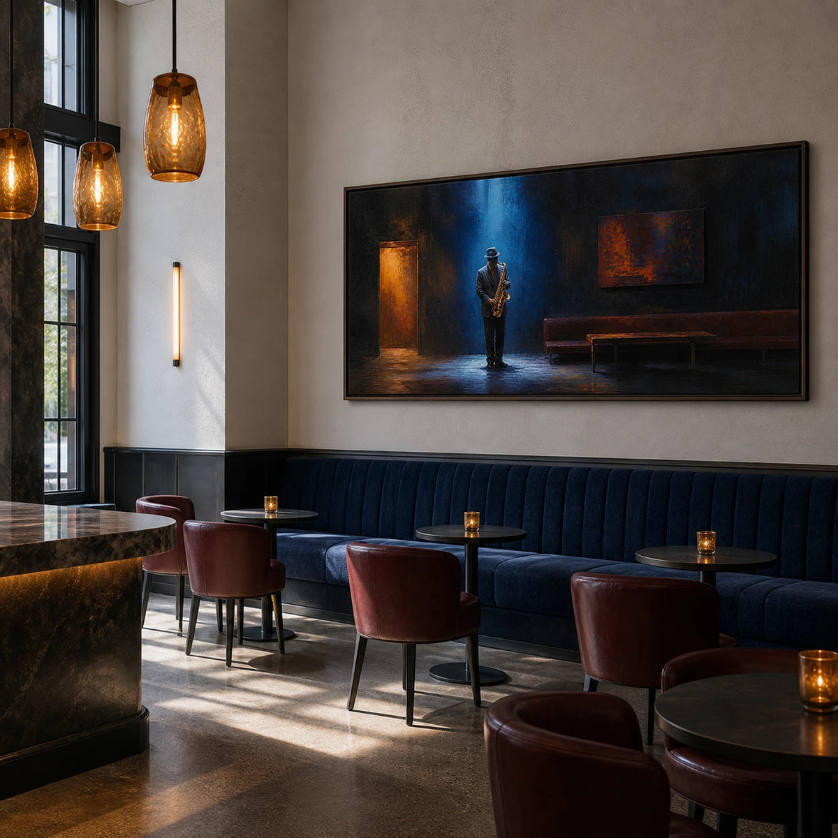 midnight blue solo displayed in a jazz club lounge