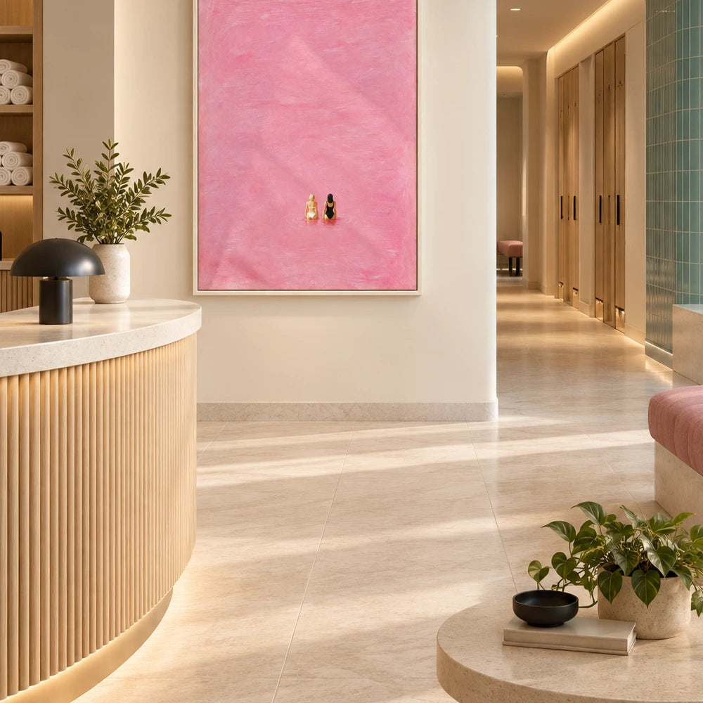 pink water friends displayed in a aquatic wellness club reception
