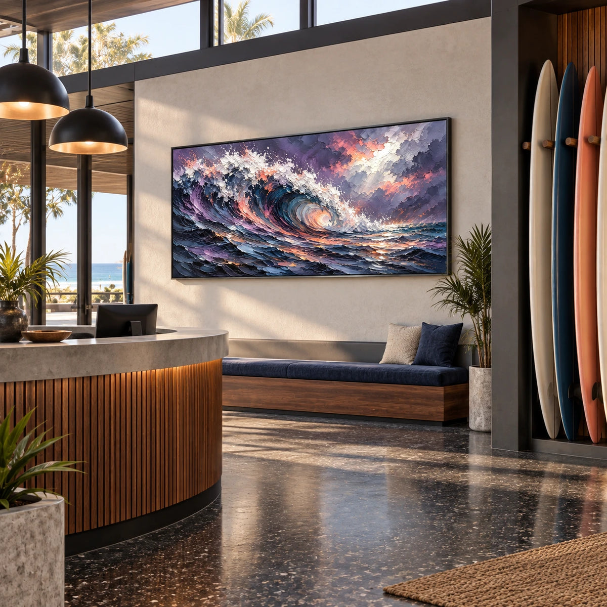 moonlit lavender breaker displayed in a surf club reception