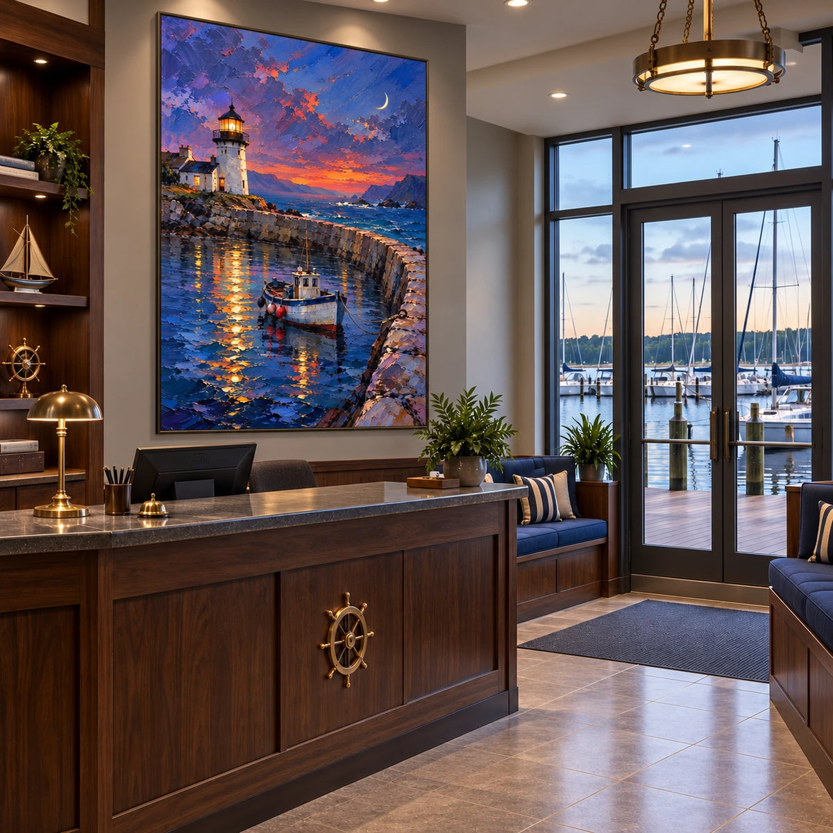lighthouse harbor at dusk displayed in a marina sailing club reception