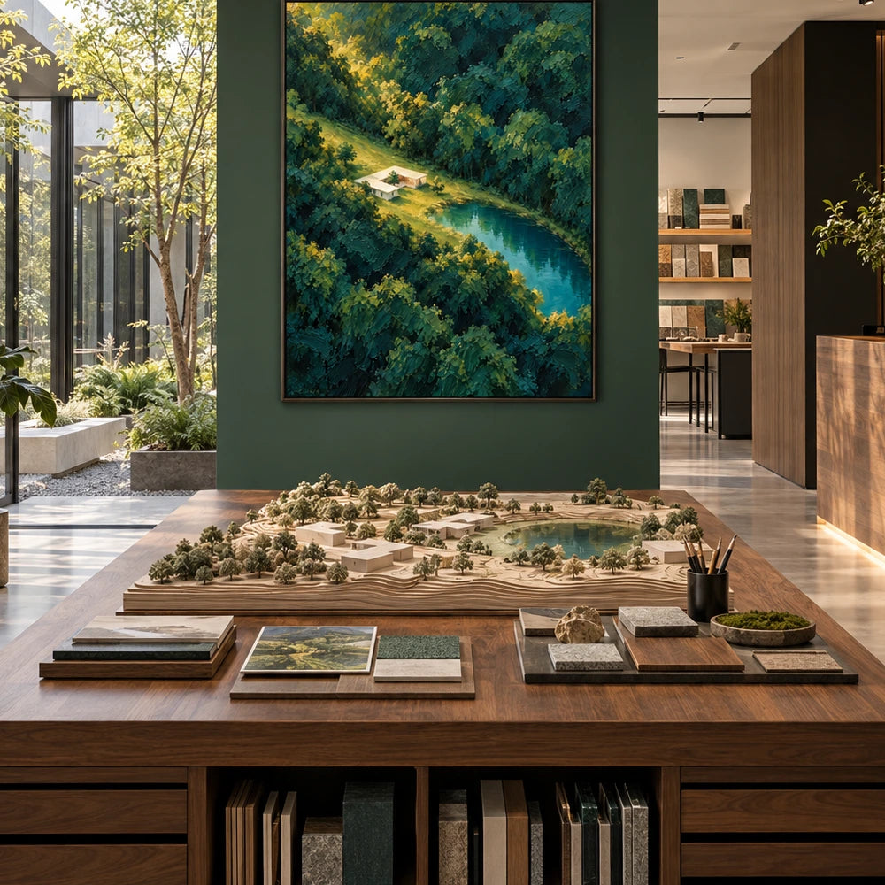 forest pond retreat displayed in a landscape architecture studio
