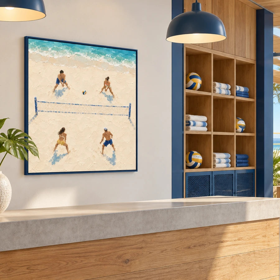beach volleyball at low tide displayed in a beach volleyball clubhouse reception