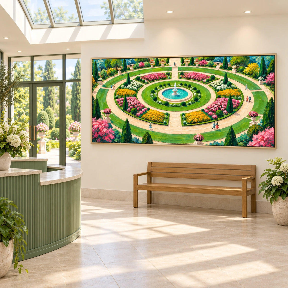 circular garden fountain displayed in a botanical garden reception