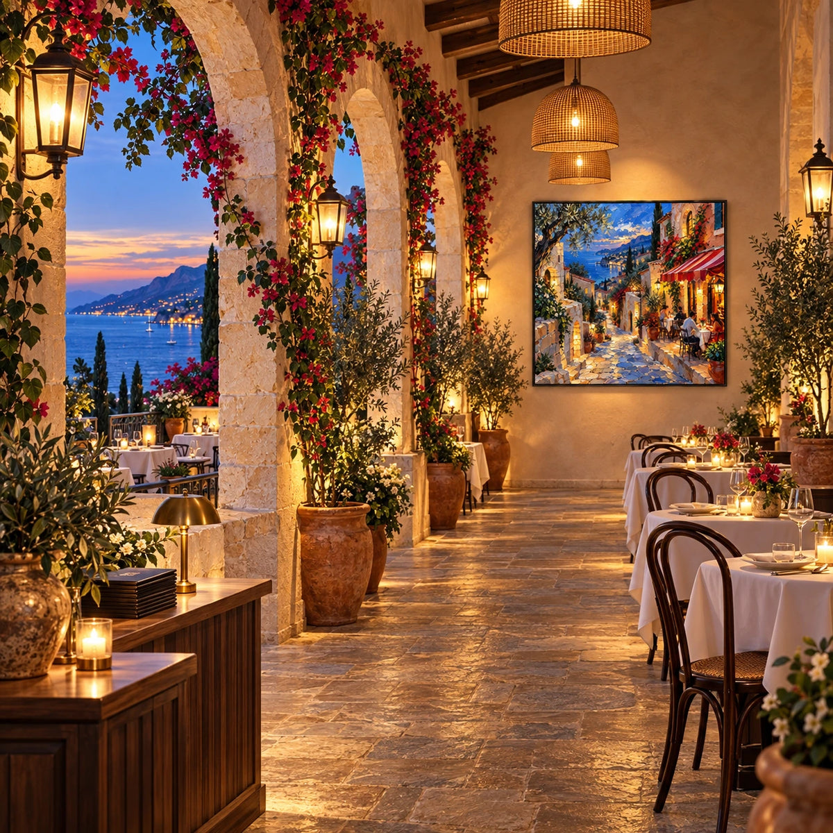 lanterns above the azure bay displayed in a mediterranean coastal restaurant