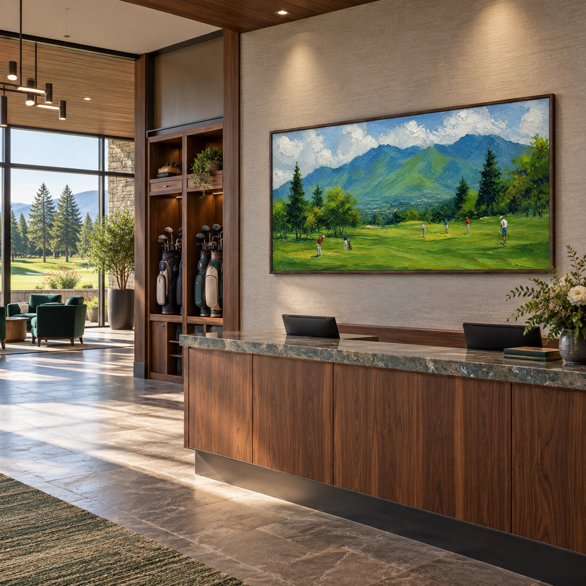 mountain fairway displayed in a golf clubhouse reception