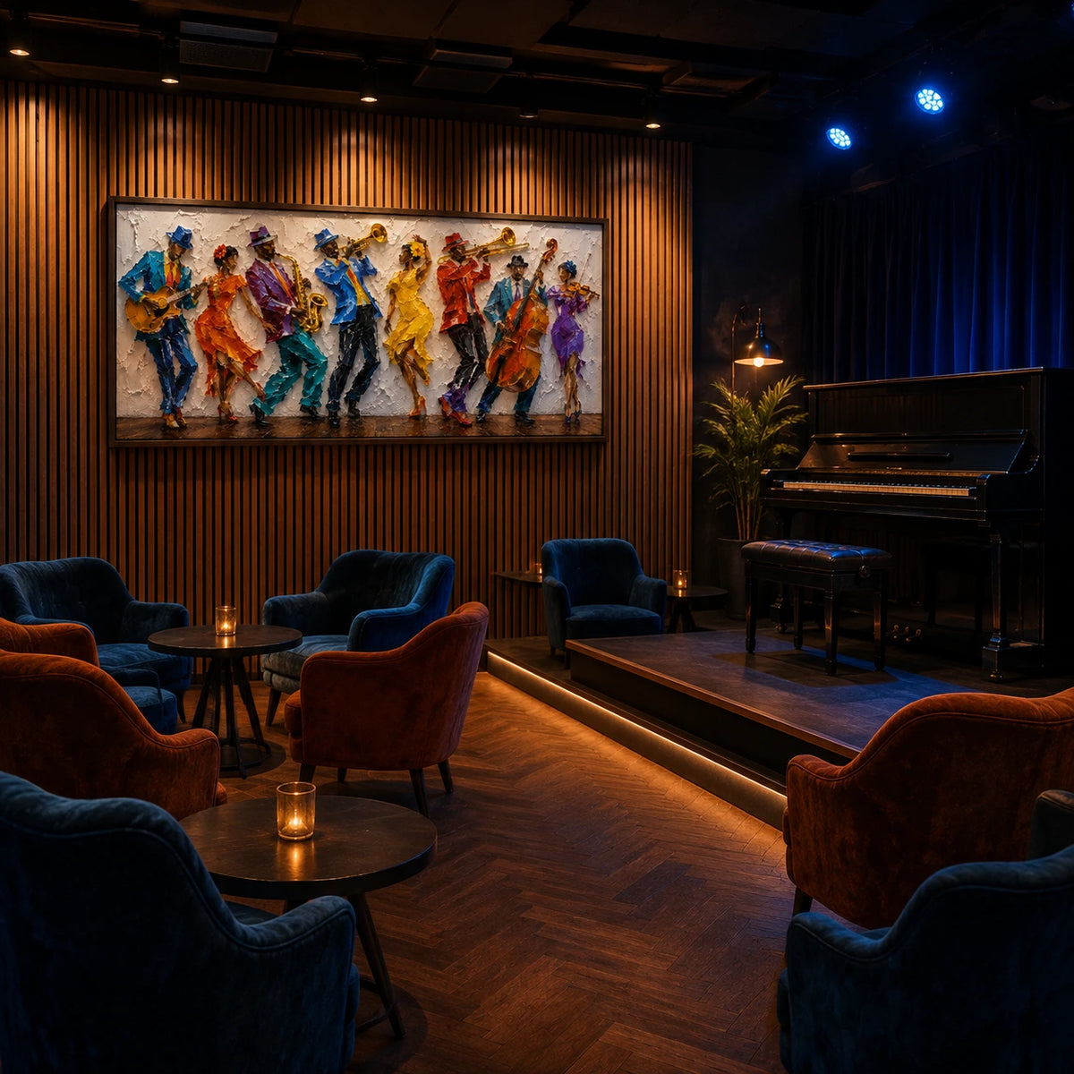 vibrant jazz ensemble displayed in a jazz listening lounge
