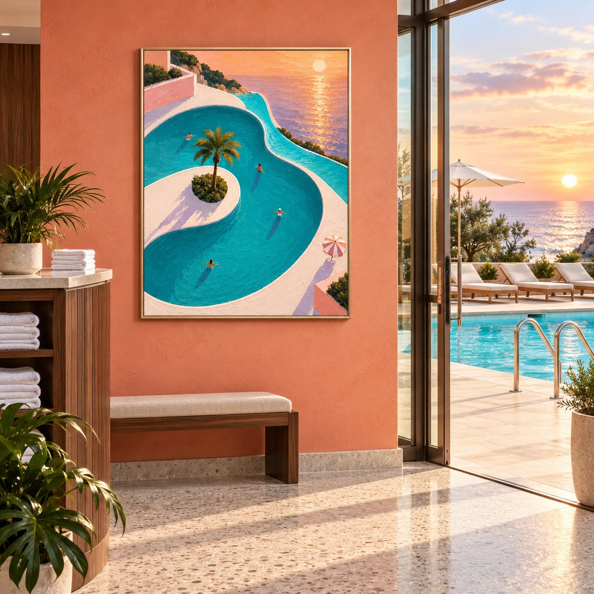 sunset pool drift displayed in a coastal resort pool reception