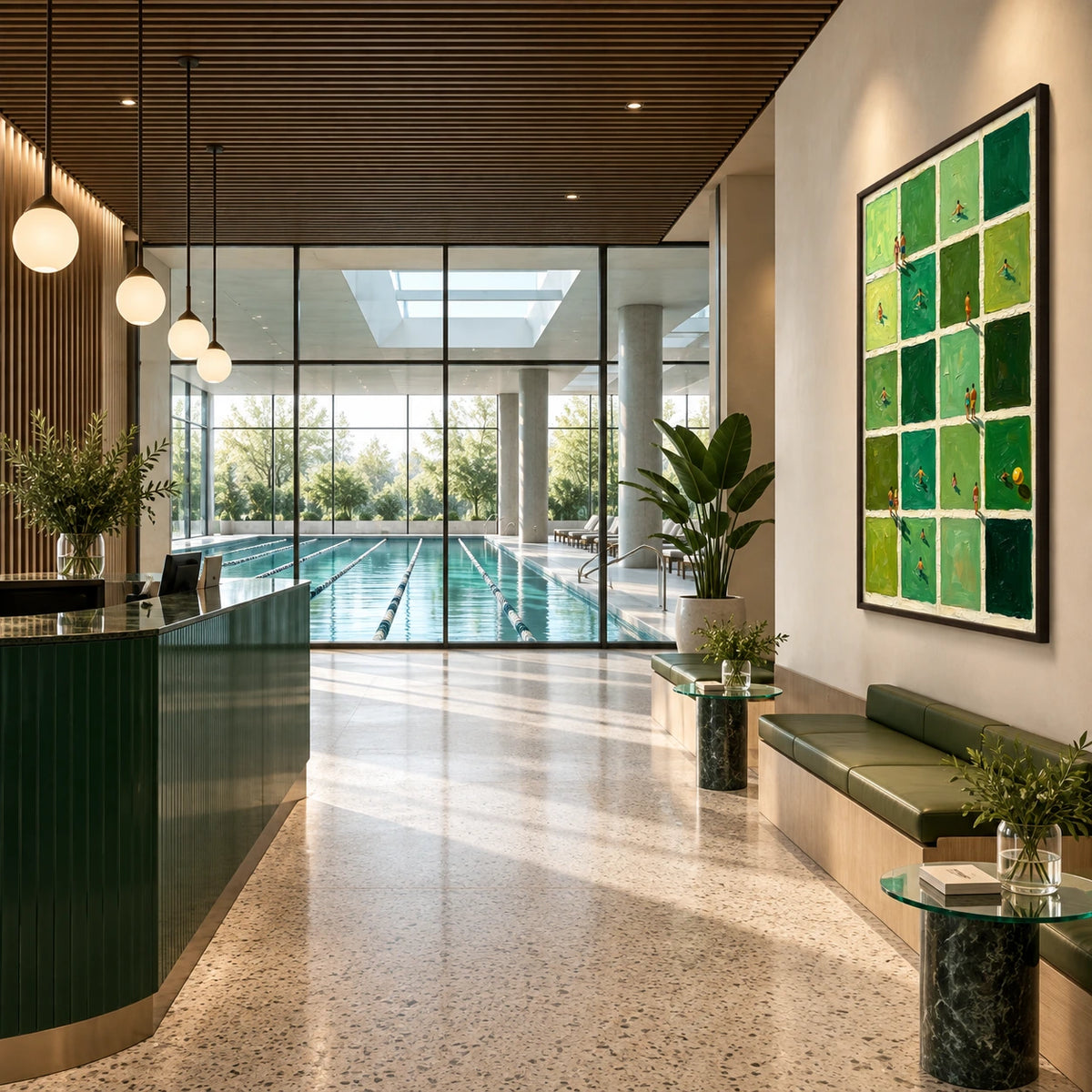 green water, open paths displayed in a modern swim club reception