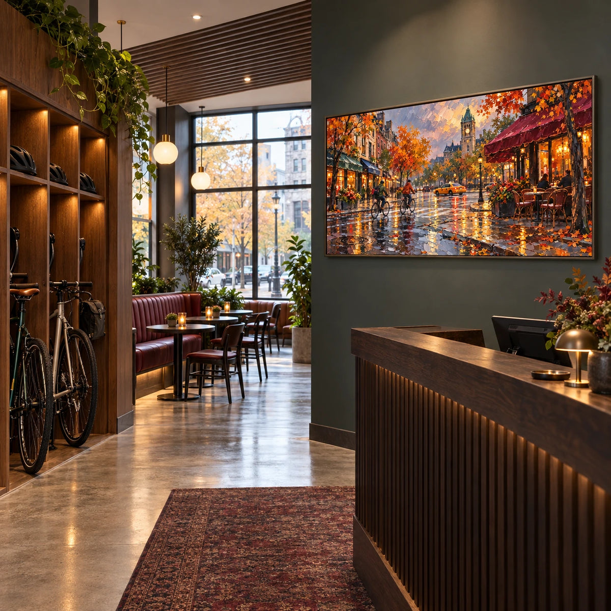 autumn streets after rain displayed in a urban cycling club reception and café
