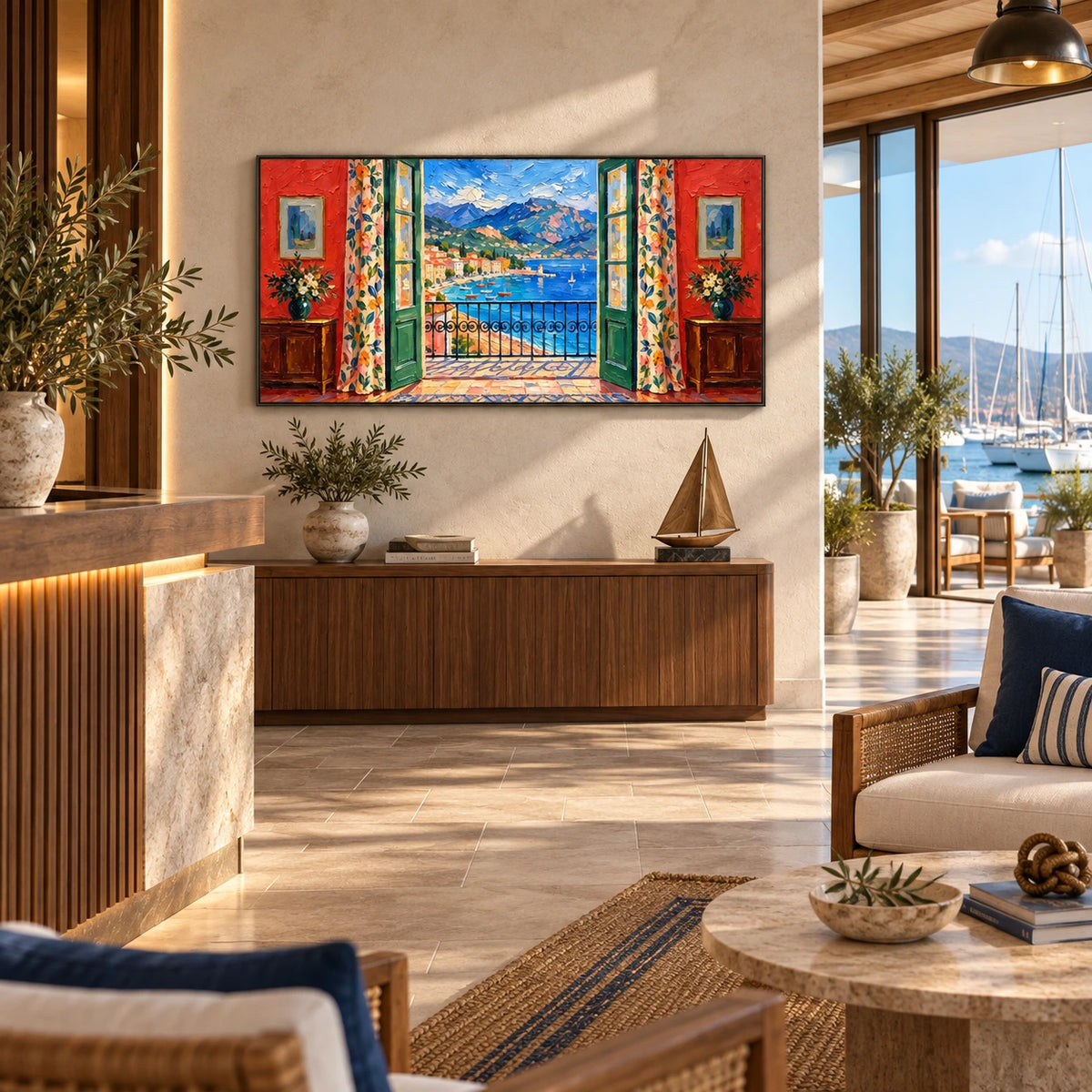 mediterranean balcony view displayed in a sailing club reception
