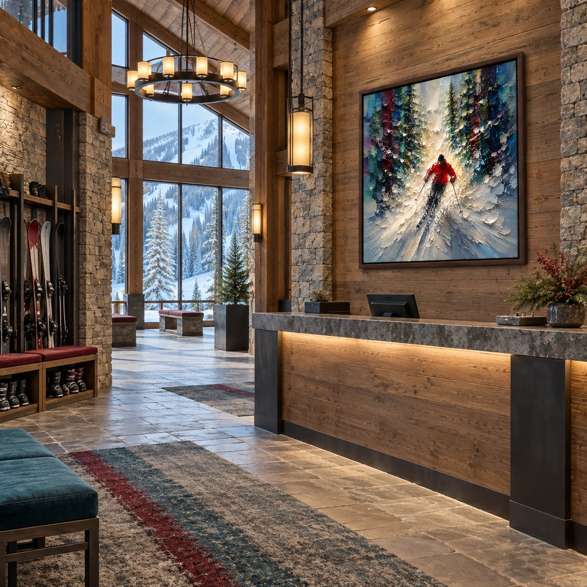 powder run displayed in a ski lodge reception