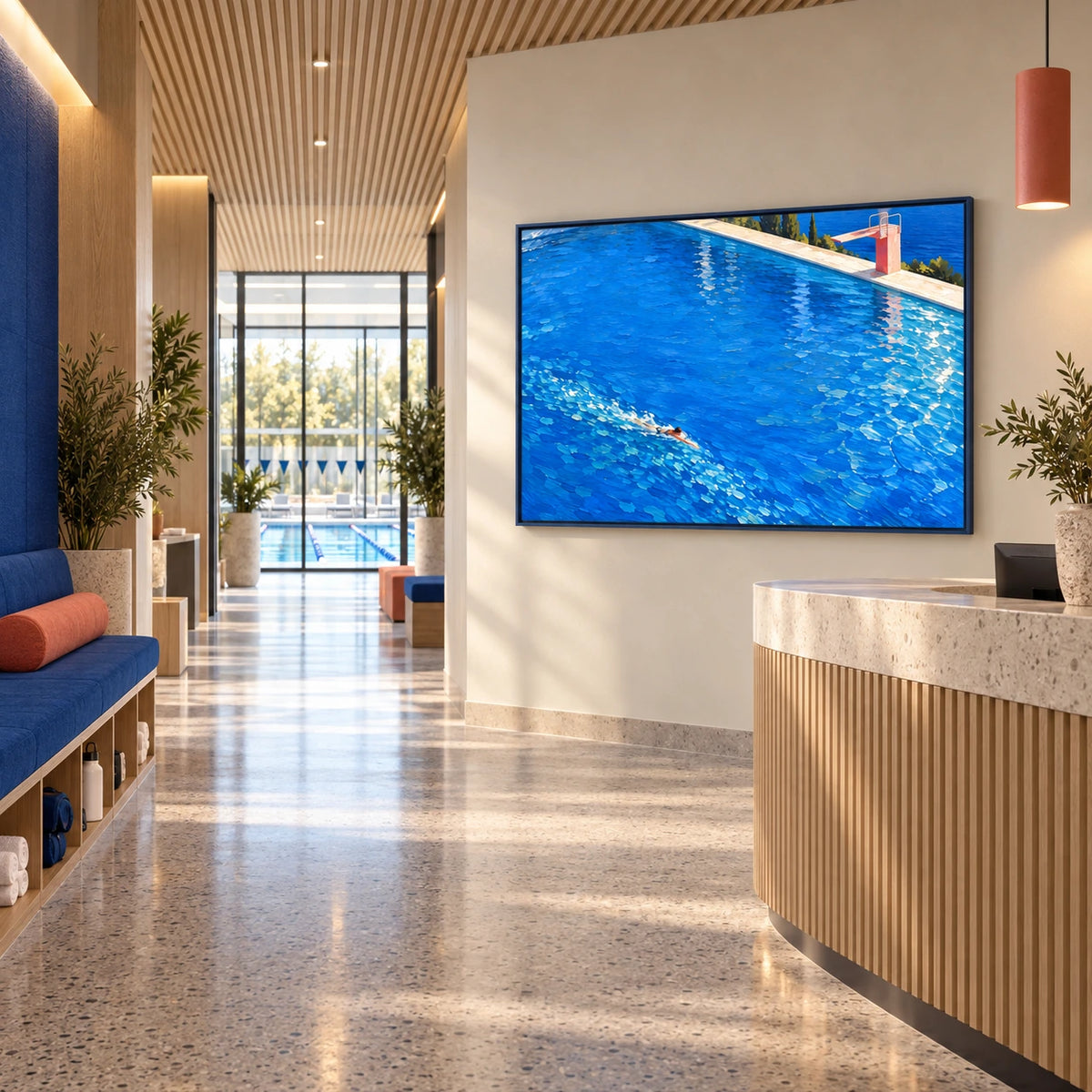 under the quiet diving board displayed in a swim club reception