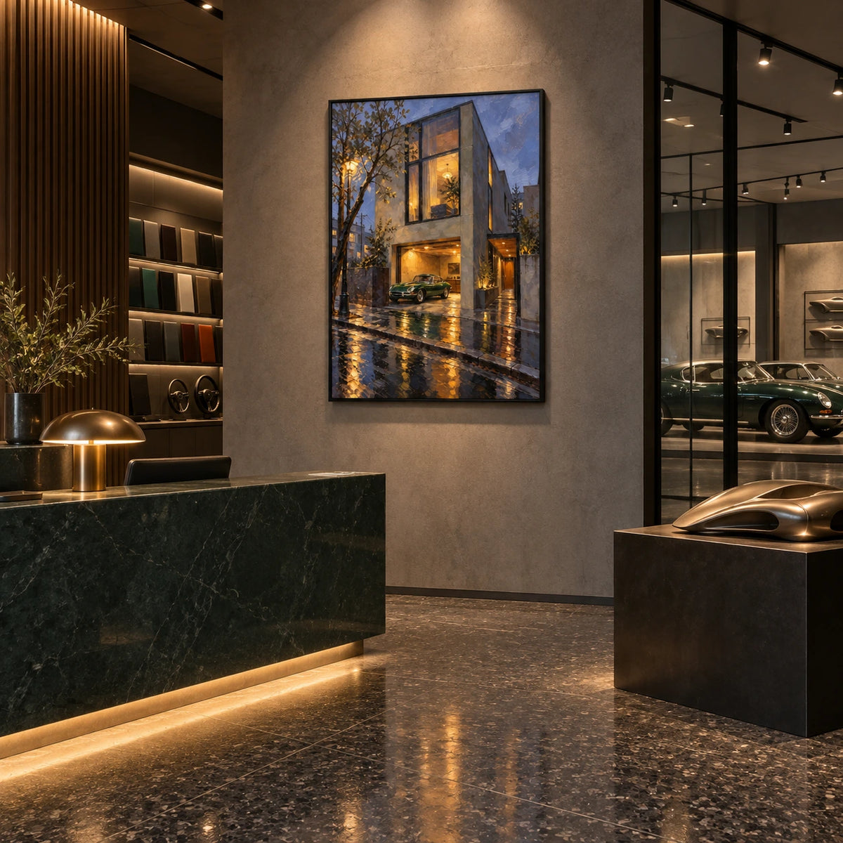 rainlit modern house displayed in a classic car members’ club reception