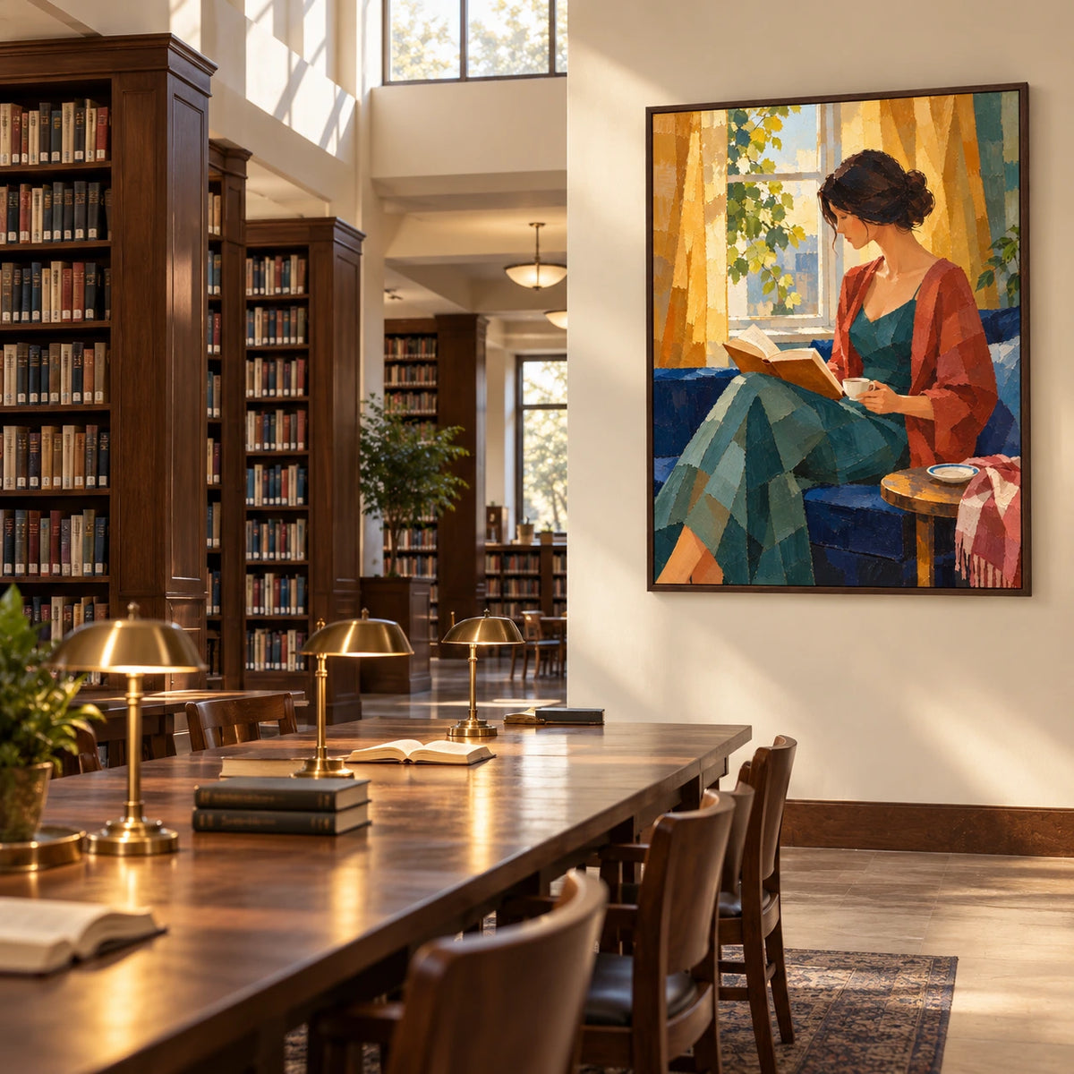reading by the sunlit window displayed in a library reading room