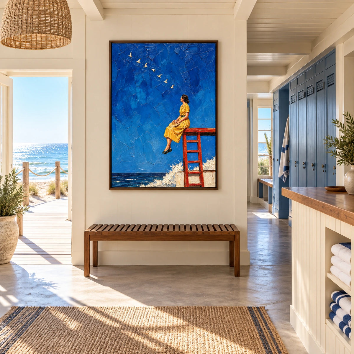 seabirds above the pier displayed in a seaside bathing club reception