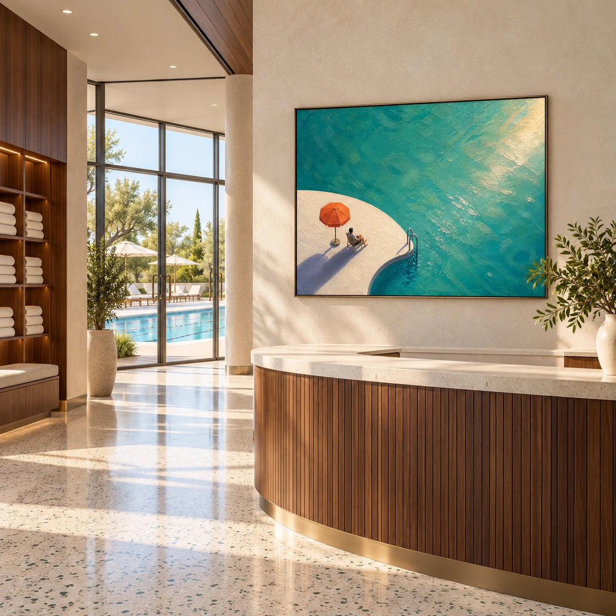 sunlit poolside displayed in a pool club reception