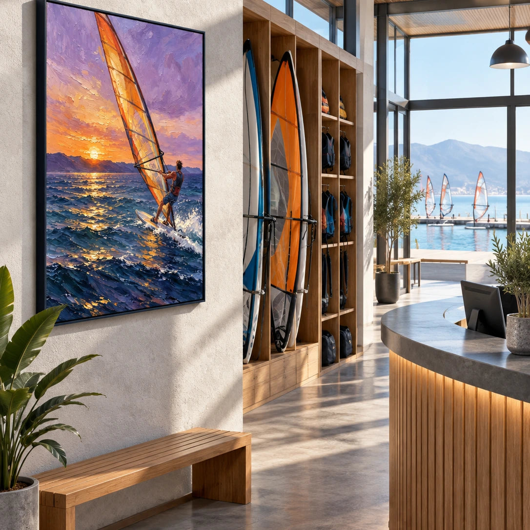 golden wind over the sea displayed in a surf club reception