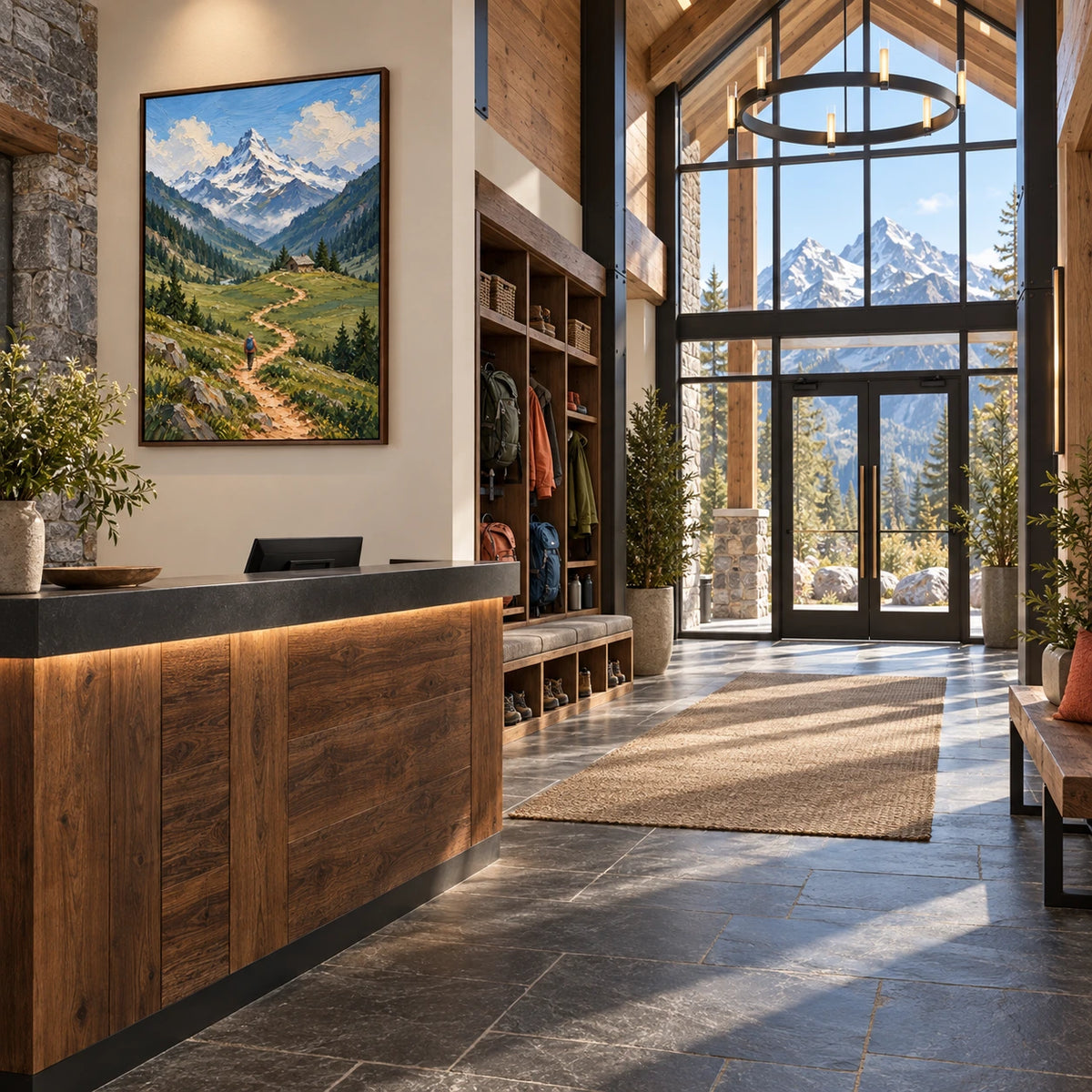 trail to alpine heights displayed in a alpine hiking lodge reception