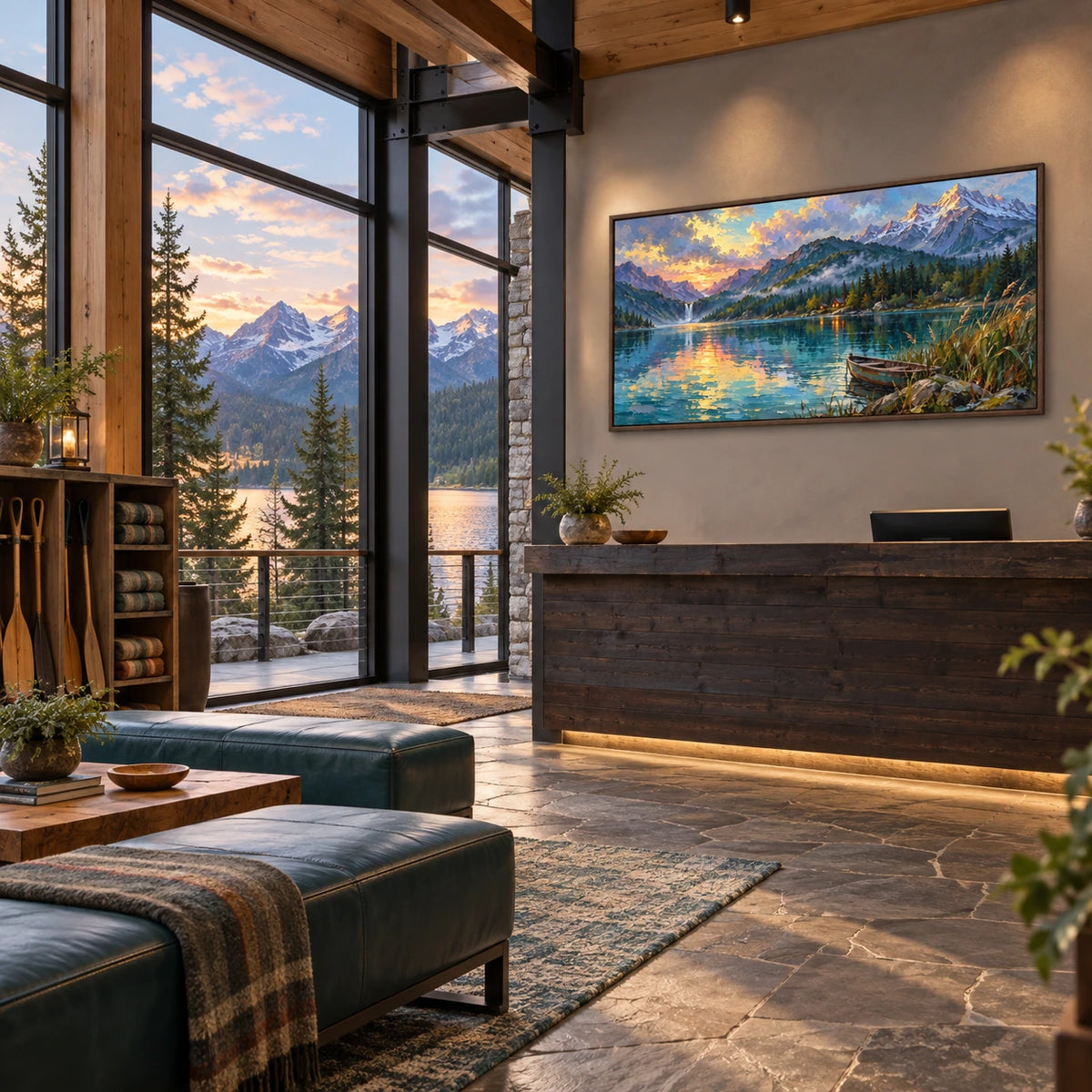 alpine lake at dusk displayed in a mountain-lake resort reception