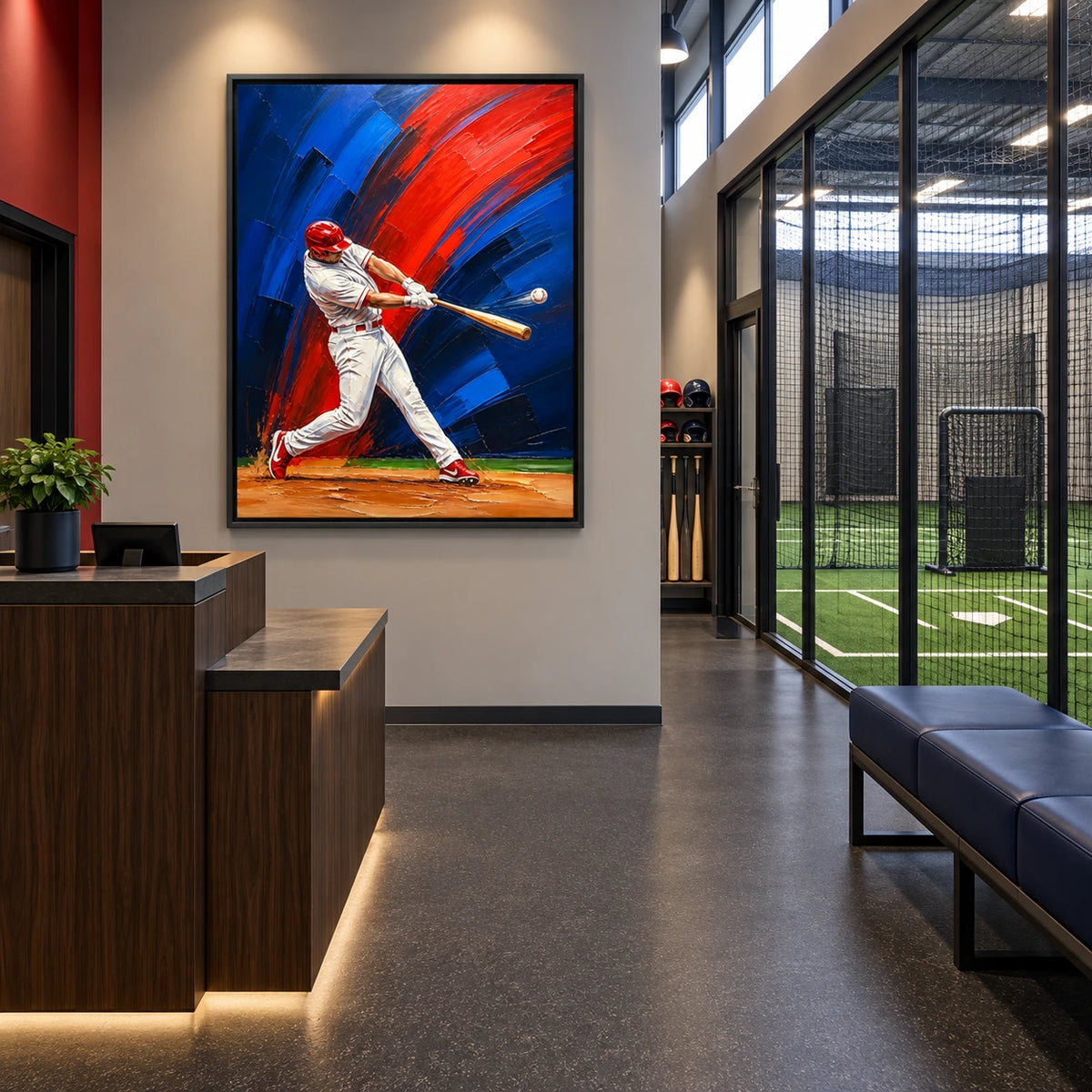 red, white and blue swing displayed in a baseball training center reception