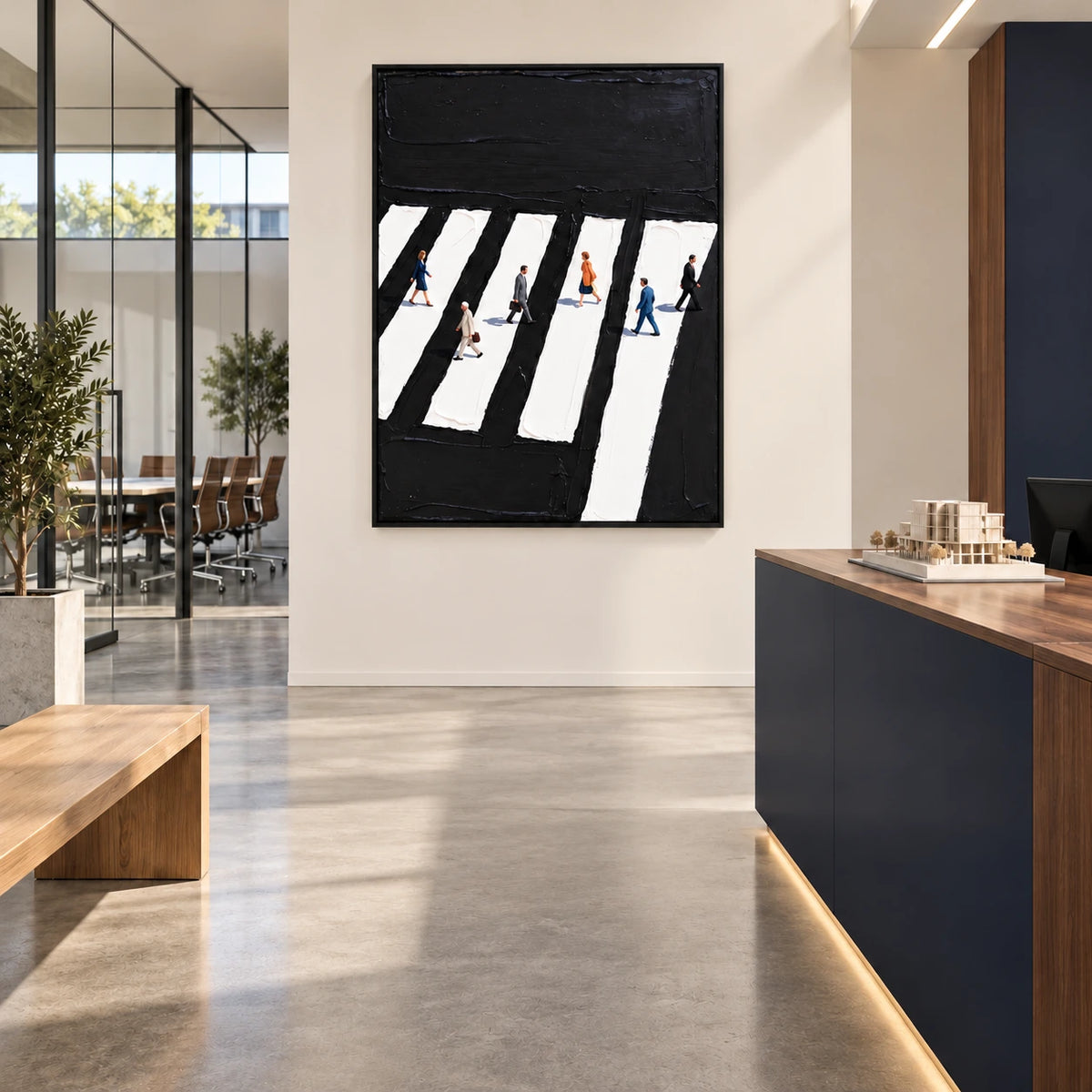 walking between the keys displayed in a architecture studio reception