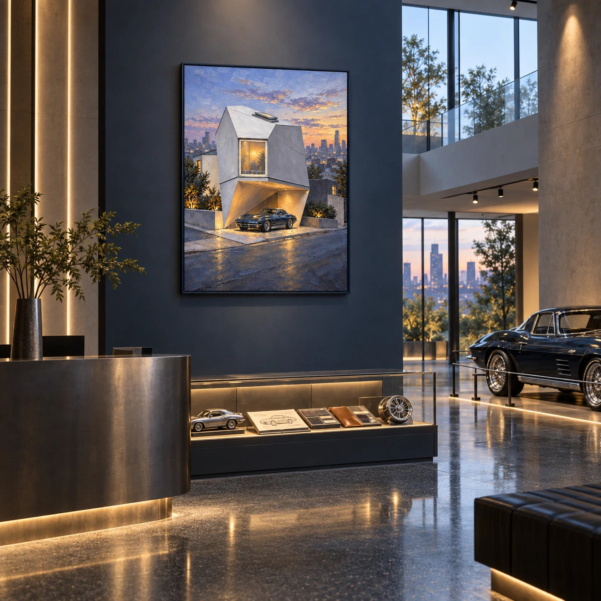 dusk house with a classic car displayed in a classic car showroom