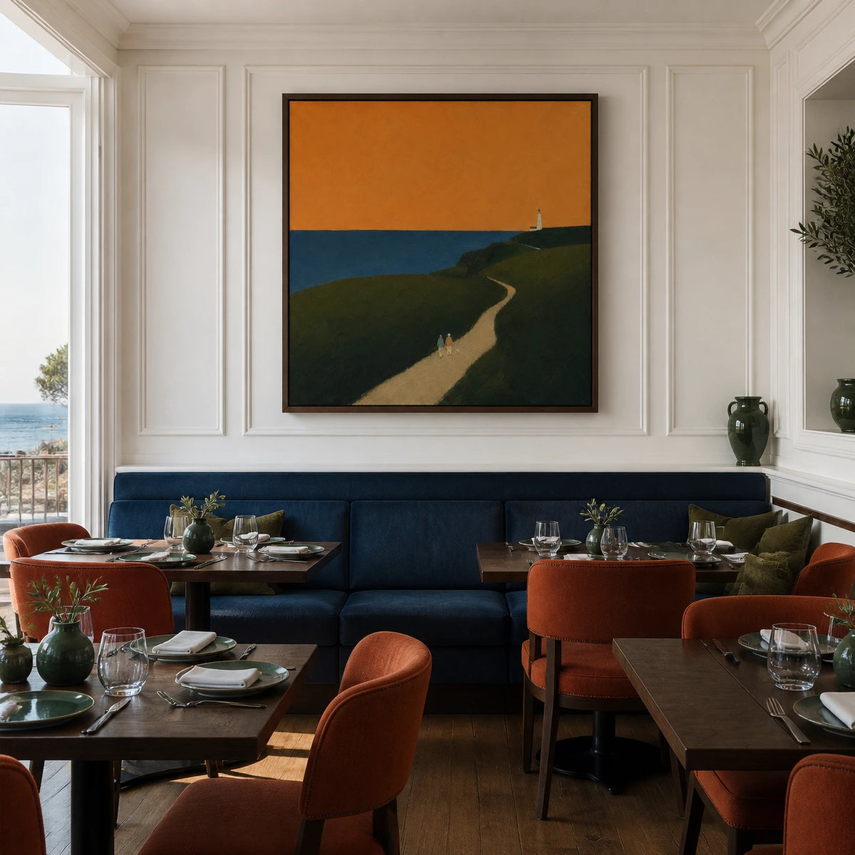 path to the lighthouse displayed in a coastal dining