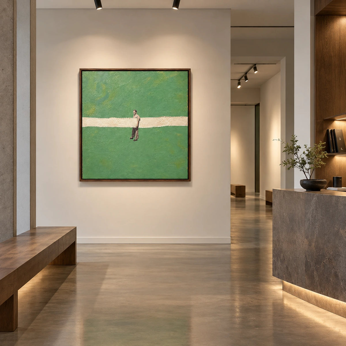 crossing the green displayed in a contemporary gallery foyer