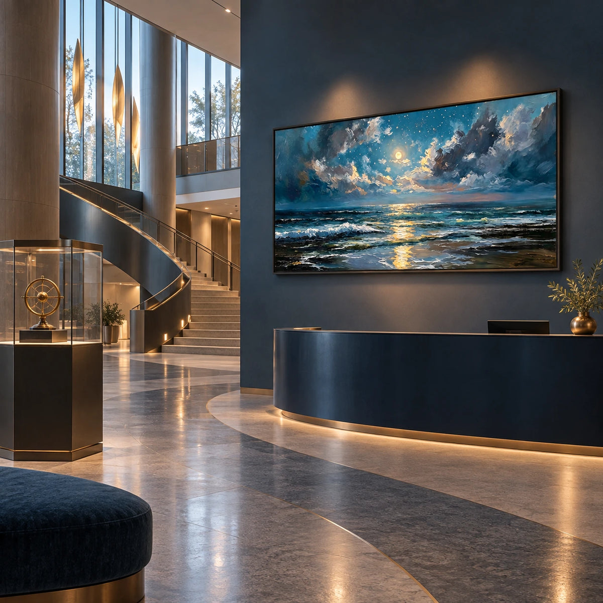 moonlit breakers displayed in a gallery foyer