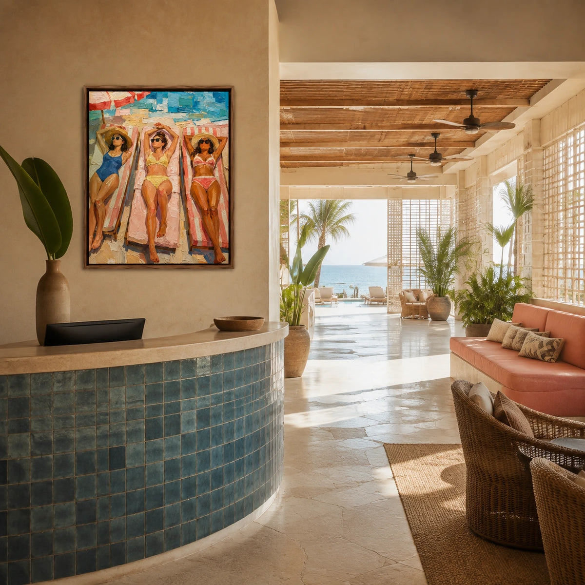 sunlit beach loungers displayed in a beach resort reception