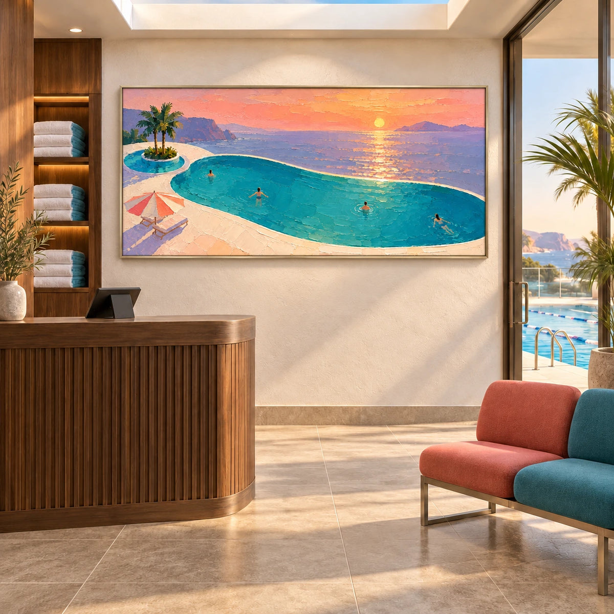sunset pool over the sea displayed in a coastal swim club reception
