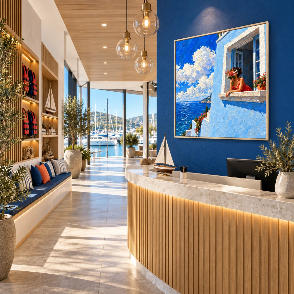 seaside window bouquet displayed in a sailing club reception