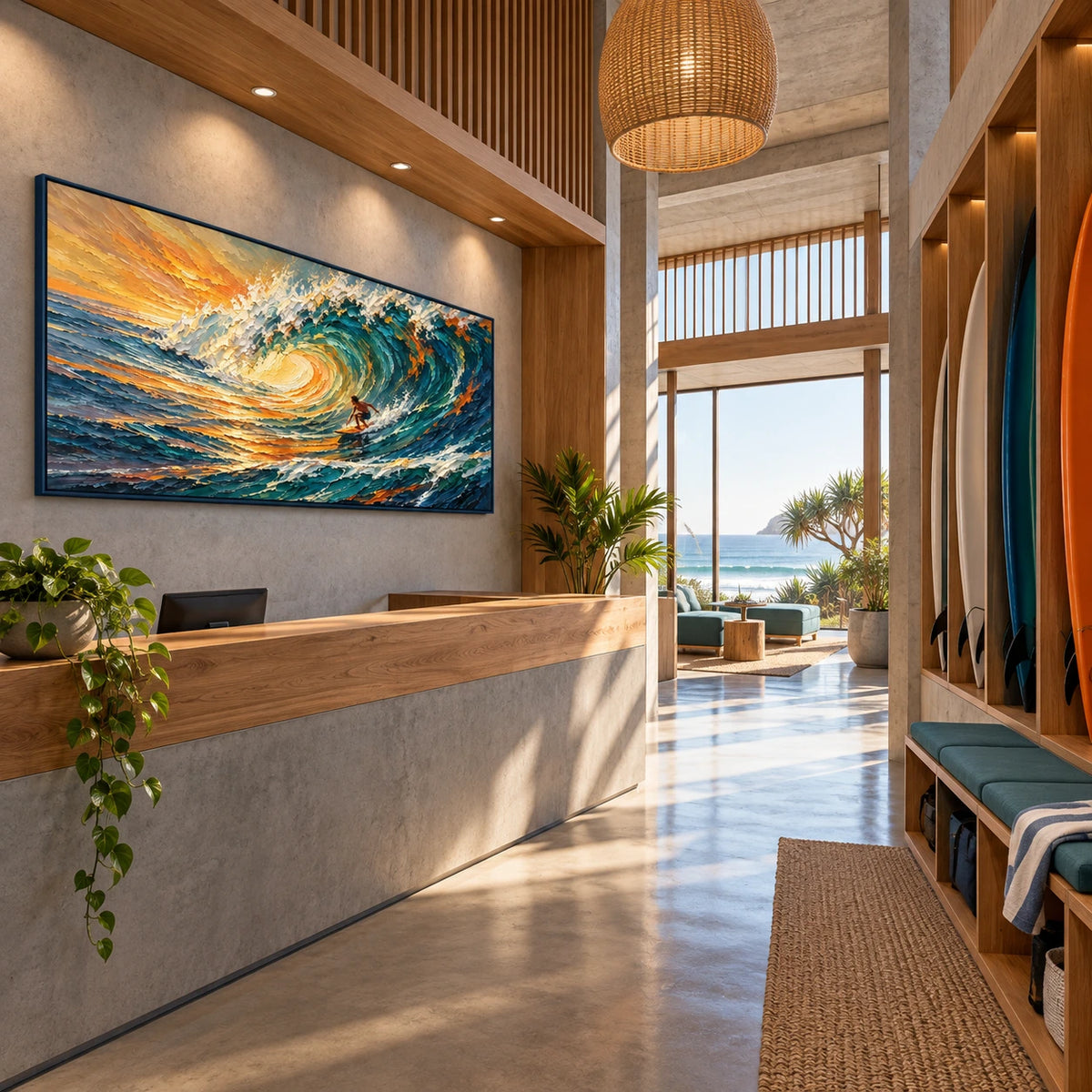 sunset wave surfer displayed in a surf club reception