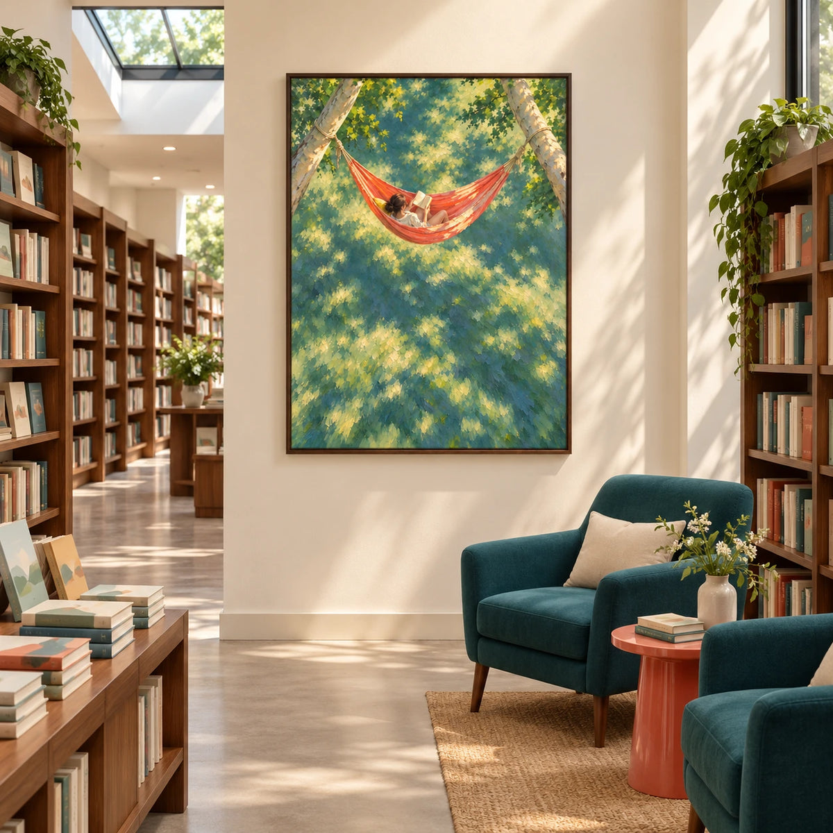 hammock in the canopy displayed in a bookshop reading area