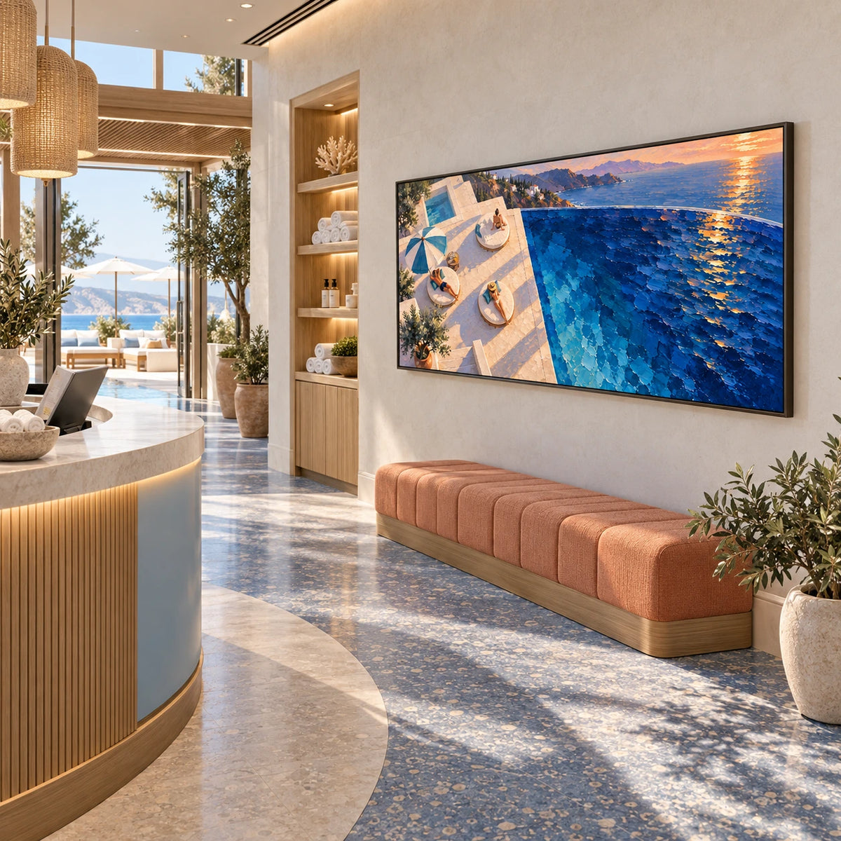 sunlit terrace above the sea displayed in a coastal resort spa reception