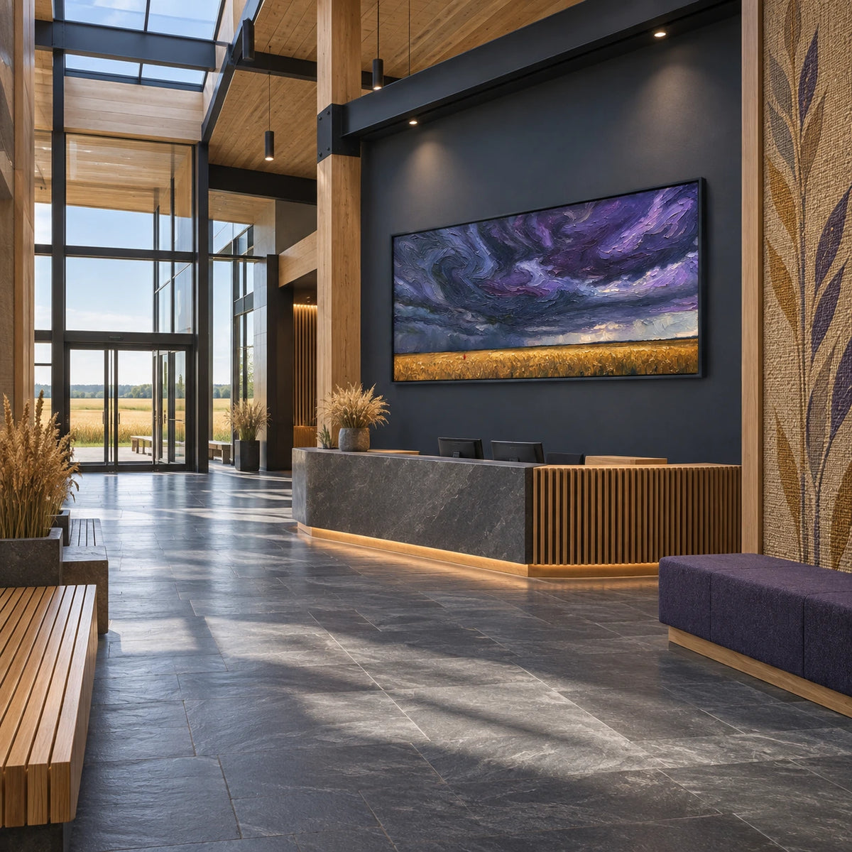 storm over the golden field displayed in a agricultural heritage center foyer