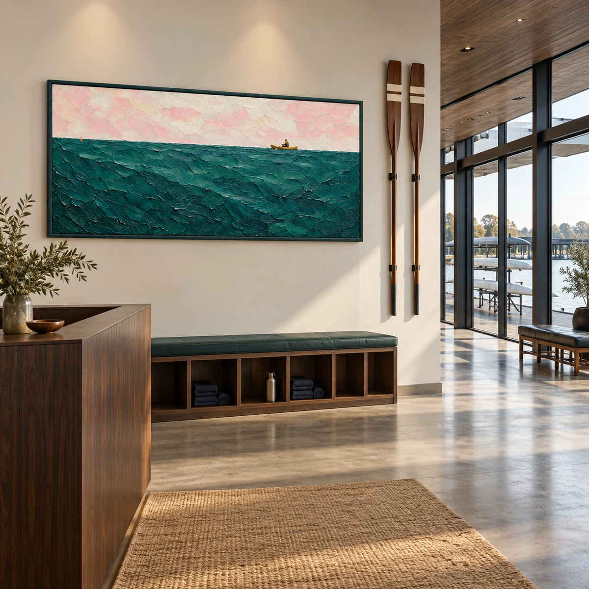 open water, quiet drift displayed in a rowing club reception