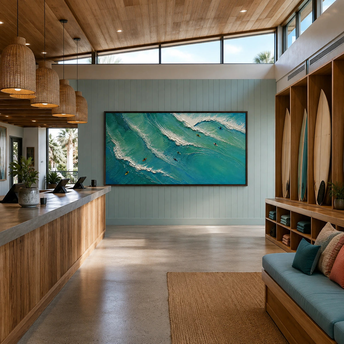 seafoam run displayed in a surf club reception