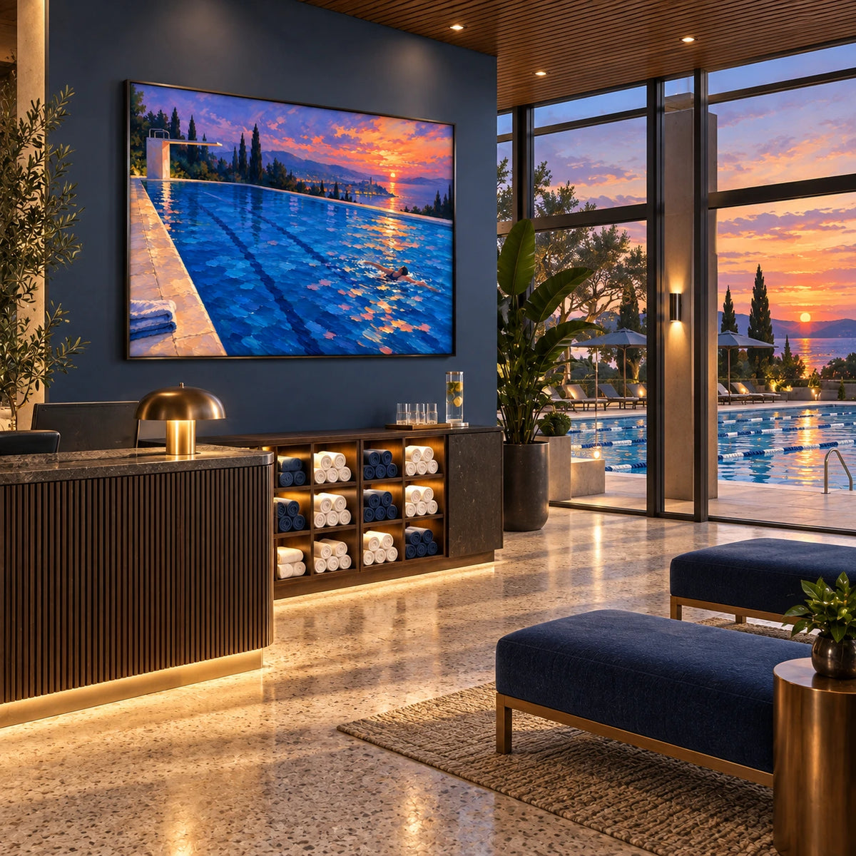 sunset pool by the sea displayed in a swim club reception
