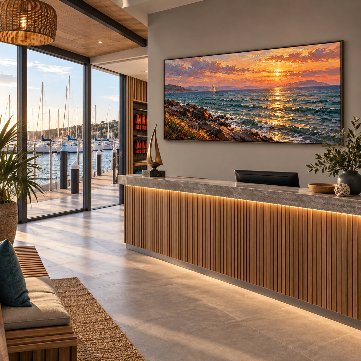 sunlit coastal voyage displayed in a sailing club reception