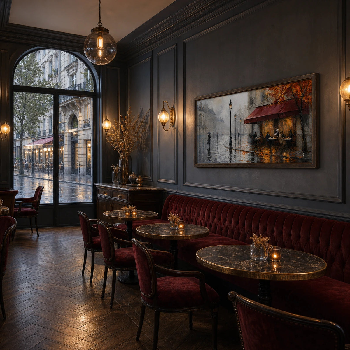 autumn café after rain displayed in a parisian café