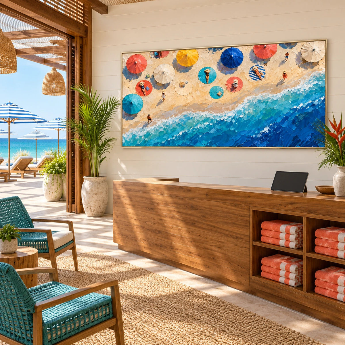 beach umbrellas and breaking waves displayed in a beach club reception
