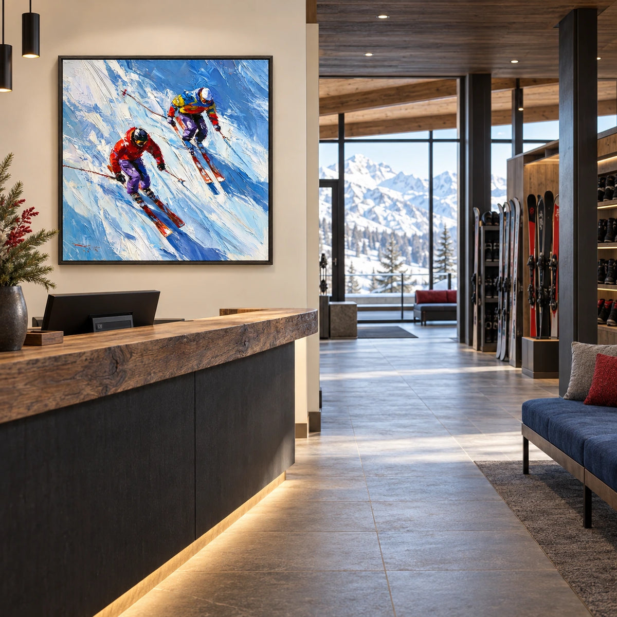 downhill skiers displayed in a alpine ski club reception