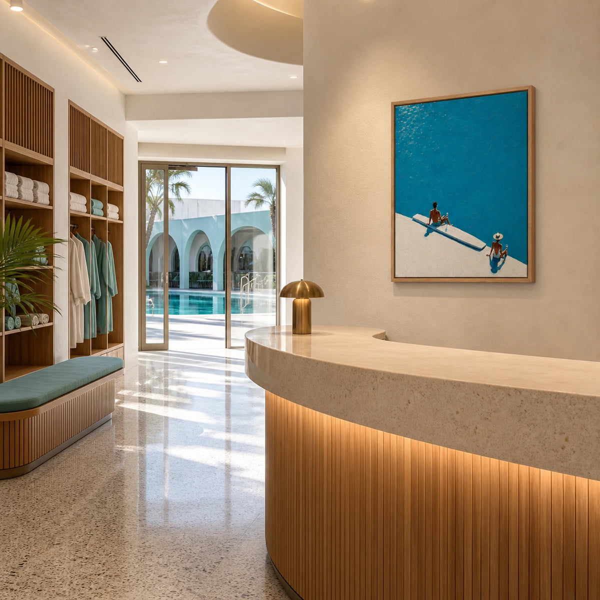 azure poolside displayed in a pool club reception